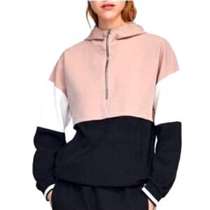 ZARA Color Block Quarter Zip Hooded Pullover Peach And Black SIZE M